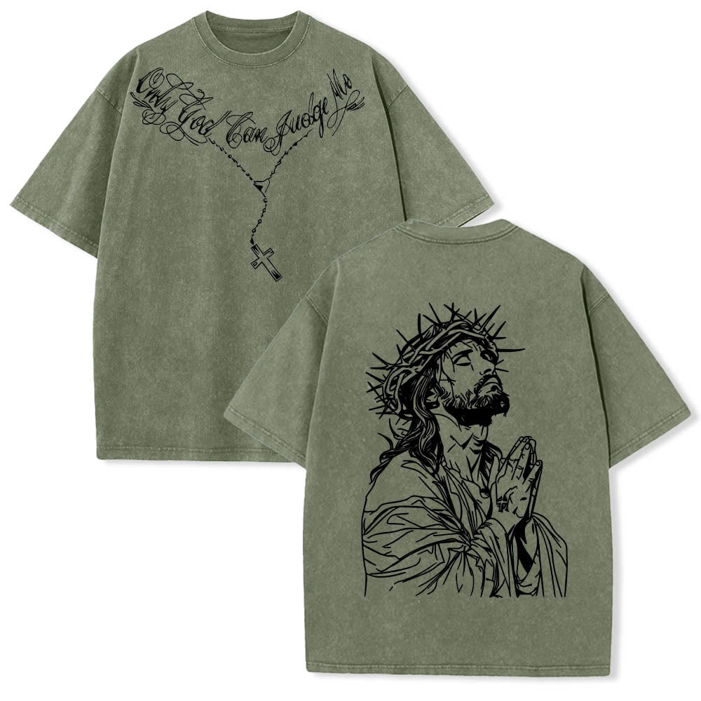 Christianartworkshop T-shirt délavé avec slogan en écriture cursive à l'avant, chapelet, croix et chaîne ; couronne d'épines au dos et Jésus en prière. - Vert armée - 5XL - image 24