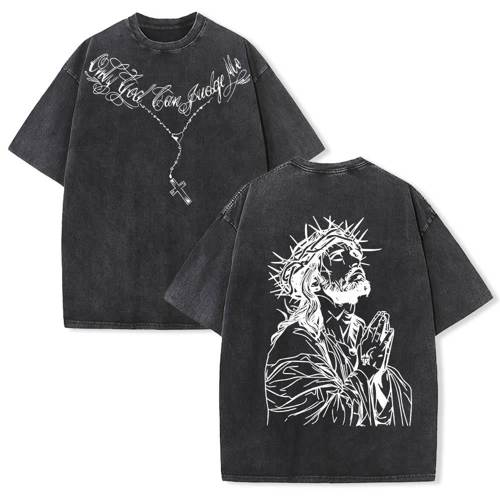 Christianartworkshop T-shirt délavé avec slogan en écriture cursive à l'avant, chapelet, croix et chaîne ; couronne d'épines au dos et Jésus en prière. - Noir - 5XL - image 0