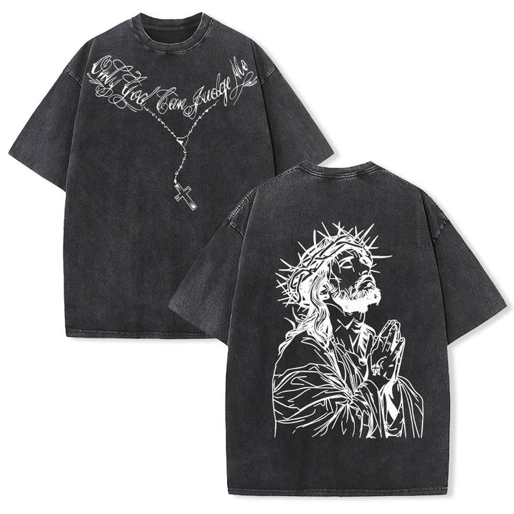 Christianartworkshop T-shirt délavé avec slogan en écriture cursive à l'avant, chapelet, croix et chaîne ; couronne d'épines au dos et Jésus en prière. - Noir - 5XL - image 0