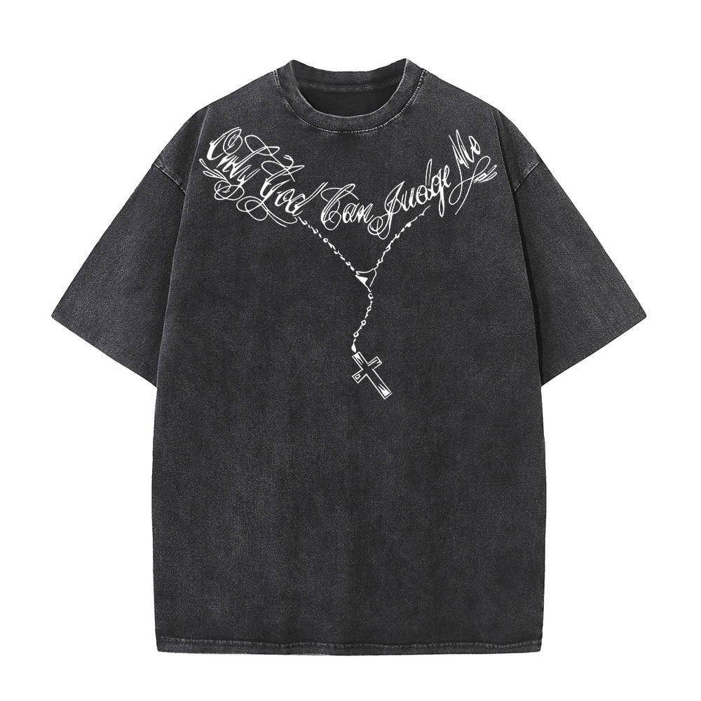 Christianartworkshop T-shirt délavé avec slogan en écriture cursive à l'avant, chapelet, croix et chaîne ; couronne d'épines au dos et Jésus en prière. - image 1