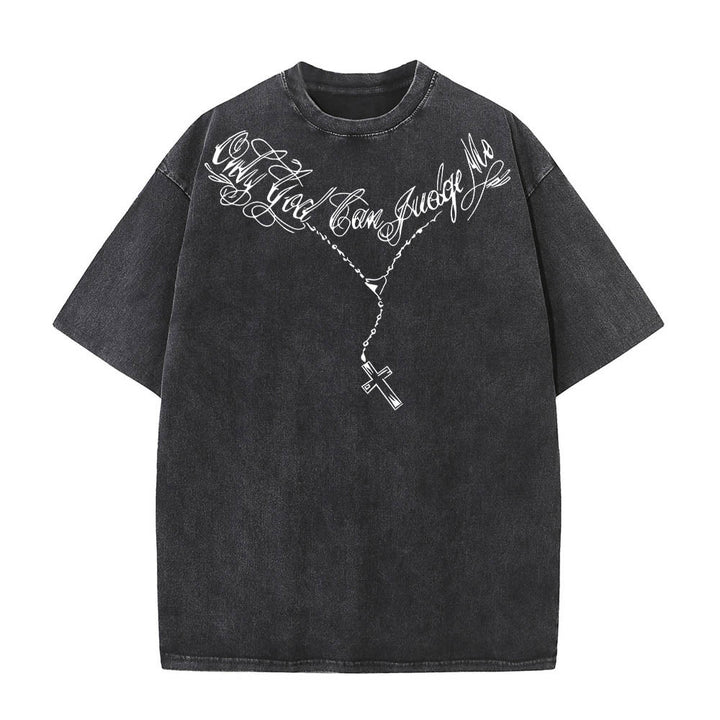 Christianartworkshop T-shirt délavé avec slogan en écriture cursive à l'avant, chapelet, croix et chaîne ; couronne d'épines au dos et Jésus en prière. - image 1