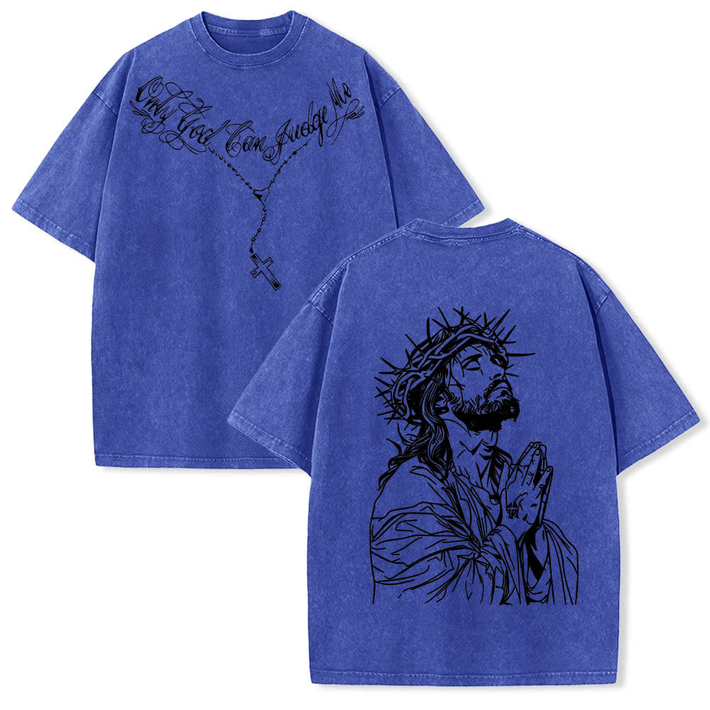 Christianartworkshop T-shirt délavé avec slogan en écriture cursive à l'avant, chapelet, croix et chaîne ; couronne d'épines au dos et Jésus en prière. - Bleu - 5XL - image 12