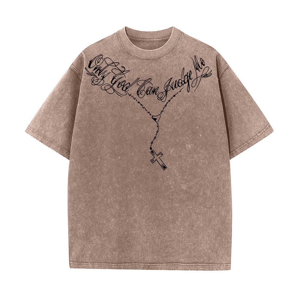 Christianartworkshop T-shirt délavé avec slogan en écriture cursive à l'avant, chapelet, croix et chaîne ; couronne d'épines au dos et Jésus en prière. - image 7