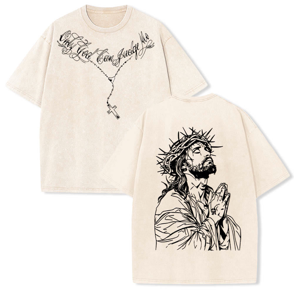 Christianartworkshop T-shirt délavé avec slogan en écriture cursive à l'avant, chapelet, croix et chaîne ; couronne d'épines au dos et Jésus en prière. - Beige - 5XL - image 3
