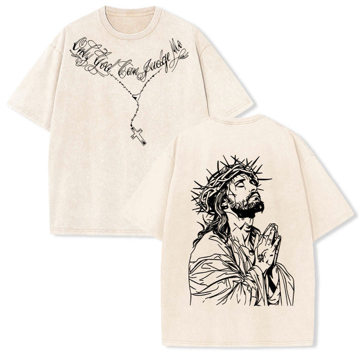 Christianartworkshop T-shirt délavé avec slogan en écriture cursive à l'avant, chapelet, croix et chaîne ; couronne d'épines au dos et Jésus en prière. - Beige - 5XL - image 3