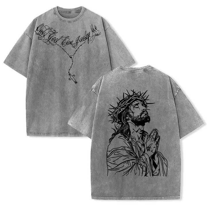 Christianartworkshop T-shirt délavé avec slogan en écriture cursive à l'avant, chapelet, croix et chaîne ; couronne d'épines au dos et Jésus en prière. - Gris - 5XL - image 9