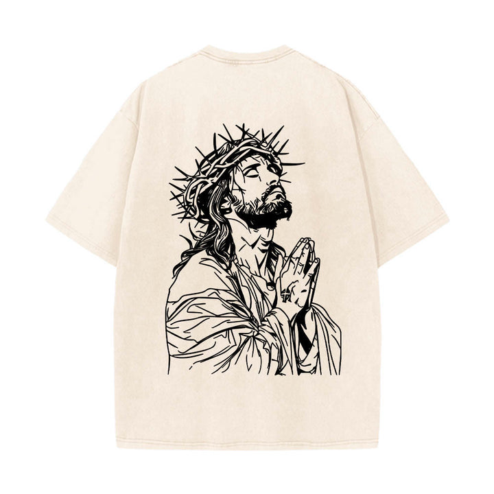 Christianartworkshop T-shirt délavé avec slogan en écriture cursive à l'avant, chapelet, croix et chaîne ; couronne d'épines au dos et Jésus en prière. - image 5