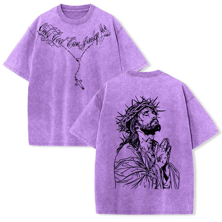 Christianartworkshop T-shirt délavé avec slogan en écriture cursive à l'avant, chapelet, croix et chaîne ; couronne d'épines au dos et Jésus en prière. - Violet - 5XL - image 18