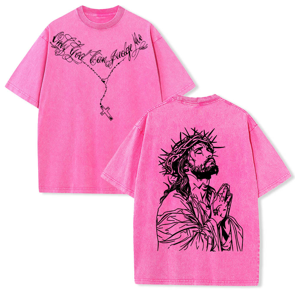 Christianartworkshop T-shirt délavé avec slogan en écriture cursive à l'avant, chapelet, croix et chaîne ; couronne d'épines au dos et Jésus en prière. - Rose - 5XL - image 21