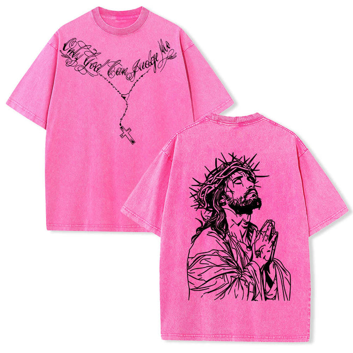 Christianartworkshop T-shirt délavé avec slogan en écriture cursive à l'avant, chapelet, croix et chaîne ; couronne d'épines au dos et Jésus en prière. - Rose - 5XL - image 21