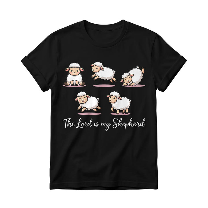 Christianartworkshop T-shirt à col rond pour femme avec un motif intemporel de moutons de dessin animé et une phrase biblique en écriture cursive, inspiré du Psaume 23 - Noir - 4XL - image 2