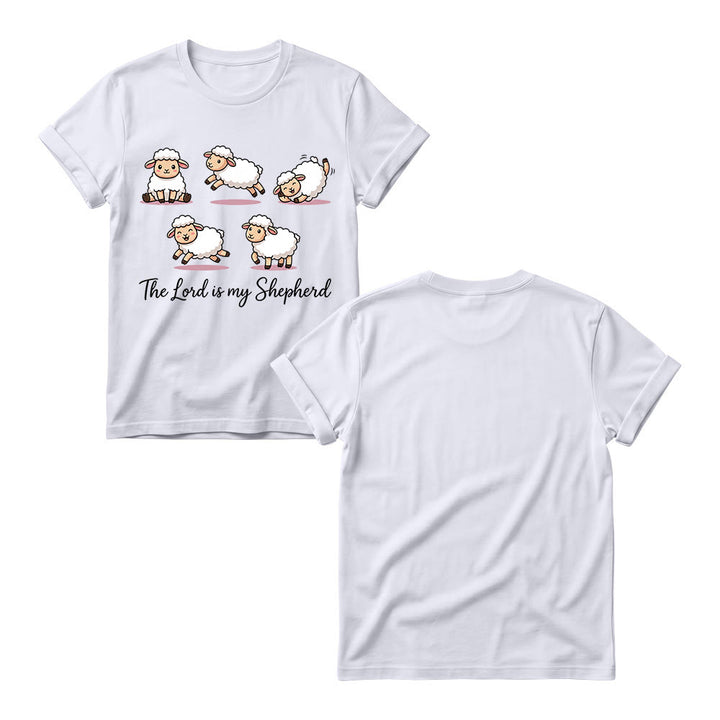 Christianartworkshop T-shirt à col rond pour femme avec un motif intemporel de moutons de dessin animé et une phrase biblique en écriture cursive, inspiré du Psaume 23 - image 1