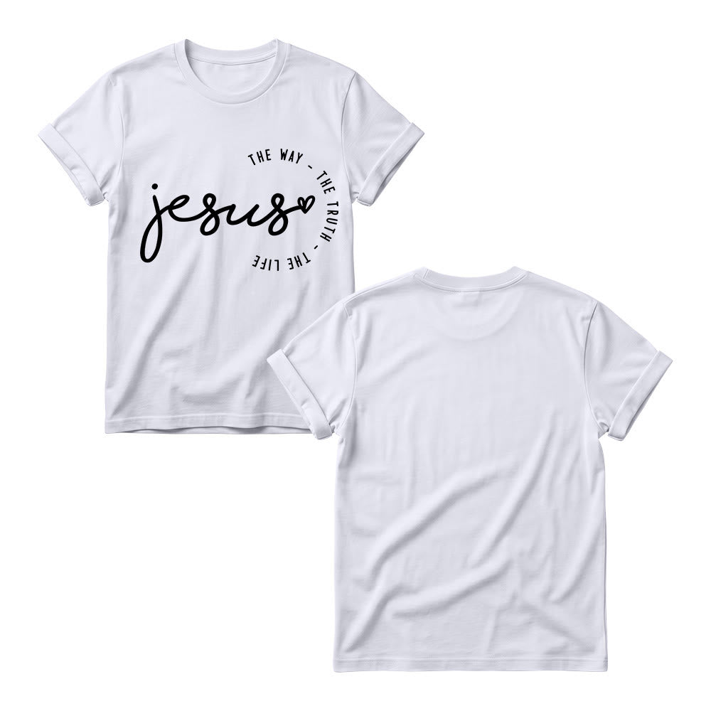 Christianartworkshop T-shirt à col rond pour femme avec inscription manuscrite « Jésus », accent en forme de cœur et arc incurvé : « Le Chemin, la Vérité, la Vie ». - image 5