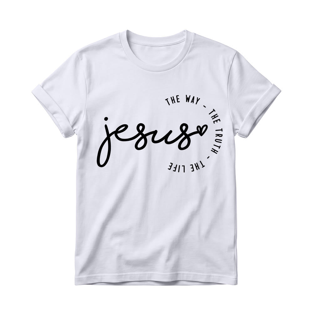 Christianartworkshop T-shirt à col rond pour femme avec inscription manuscrite « Jésus », accent en forme de cœur et arc incurvé : « Le Chemin, la Vérité, la Vie ». - Blanc - 4XL - image 4
