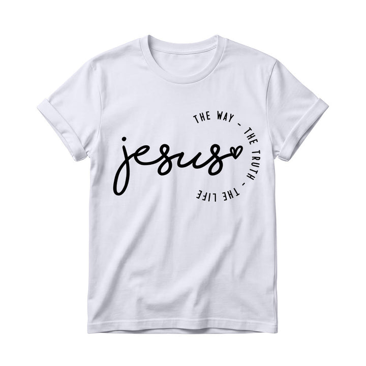 Christianartworkshop T-shirt à col rond pour femme avec inscription manuscrite « Jésus », accent en forme de cœur et arc incurvé : « Le Chemin, la Vérité, la Vie ». - Blanc - 4XL - image 4