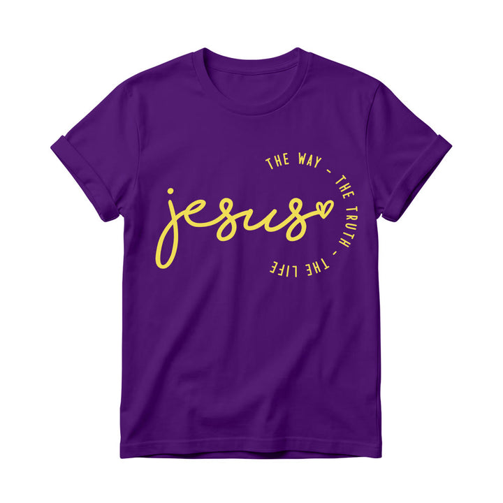 Christianartworkshop T-shirt à col rond pour femme avec inscription manuscrite « Jésus », accent en forme de cœur et arc incurvé : « Le Chemin, la Vérité, la Vie ». - Violet - 4XL - image 12