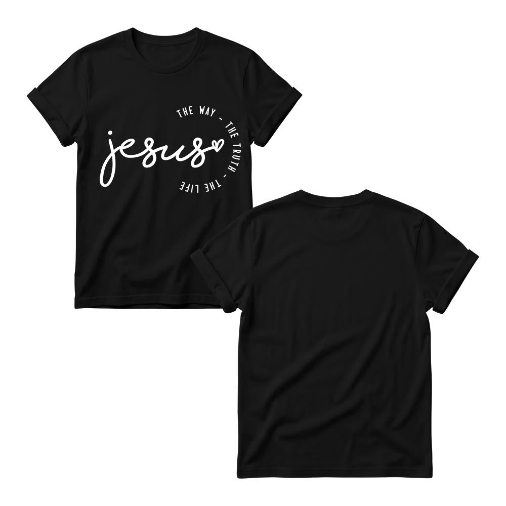 Christianartworkshop T-shirt à col rond pour femme avec inscription manuscrite « Jésus », accent en forme de cœur et arc incurvé : « Le Chemin, la Vérité, la Vie ». - image 1