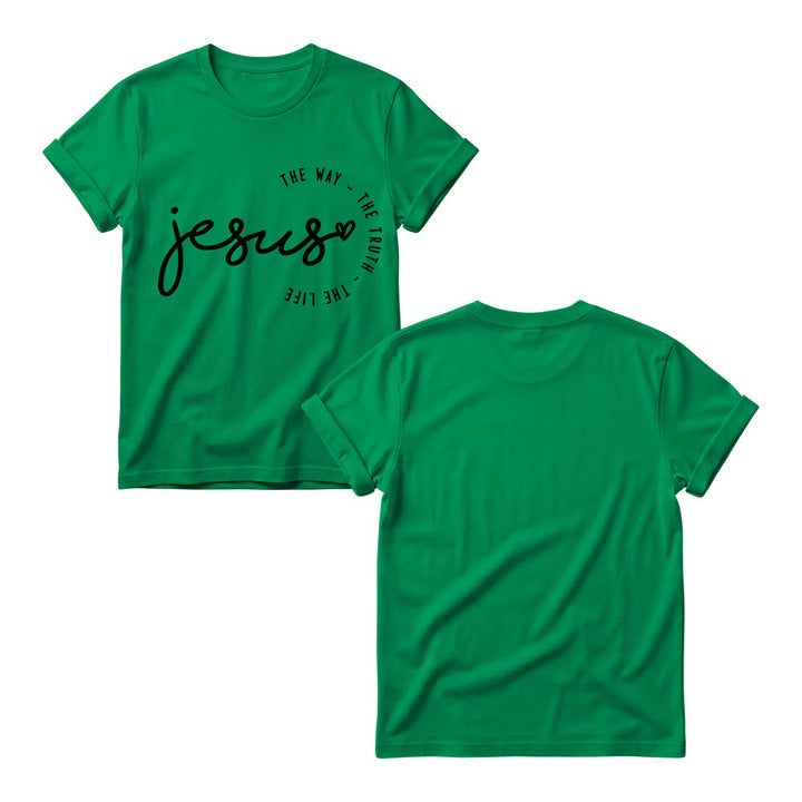 Christianartworkshop T-shirt à col rond pour femme avec inscription manuscrite « Jésus », accent en forme de cœur et arc incurvé : « Le Chemin, la Vérité, la Vie ». - image 17