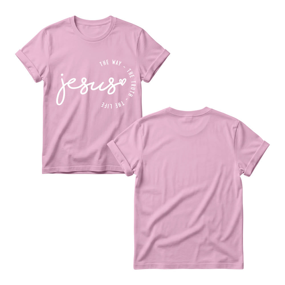 Christianartworkshop T-shirt à col rond pour femme avec inscription manuscrite « Jésus », accent en forme de cœur et arc incurvé : « Le Chemin, la Vérité, la Vie ». - image 3