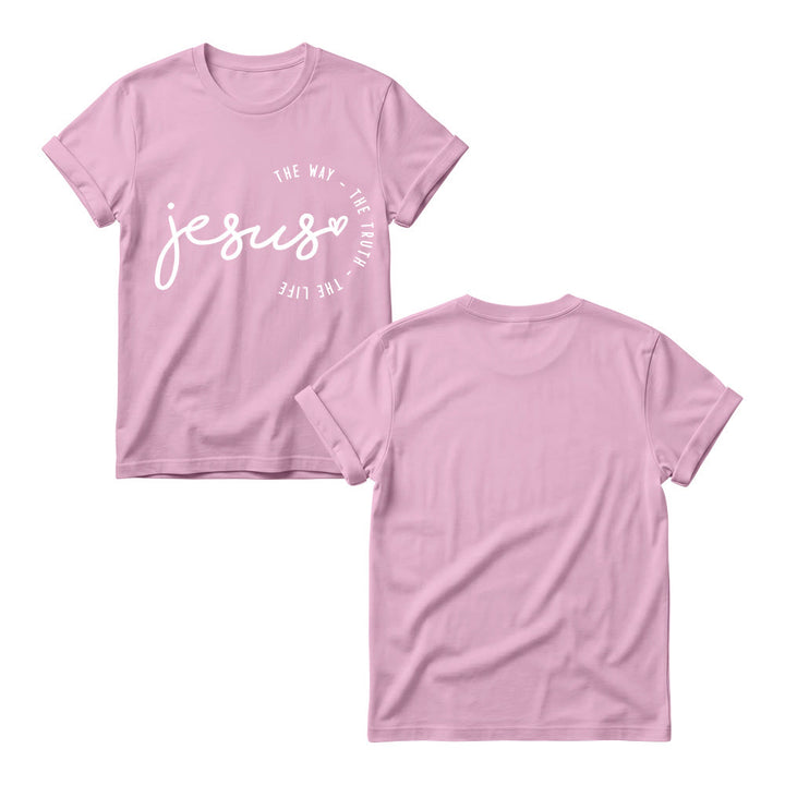 Christianartworkshop T-shirt à col rond pour femme avec inscription manuscrite « Jésus », accent en forme de cœur et arc incurvé : « Le Chemin, la Vérité, la Vie ». - image 3