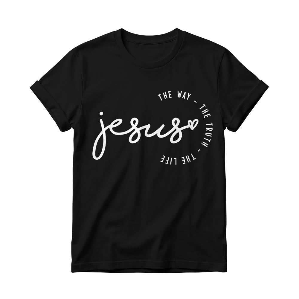 Christianartworkshop T-shirt à col rond pour femme avec inscription manuscrite « Jésus », accent en forme de cœur et arc incurvé : « Le Chemin, la Vérité, la Vie ». - Noir - 4XL - image 0