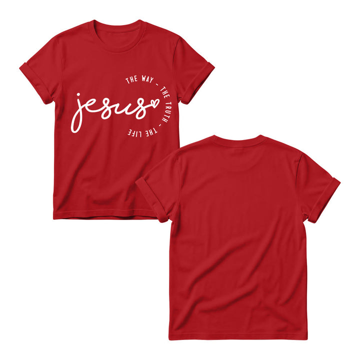 Christianartworkshop T-shirt à col rond pour femme avec inscription manuscrite « Jésus », accent en forme de cœur et arc incurvé : « Le Chemin, la Vérité, la Vie ». - image 15