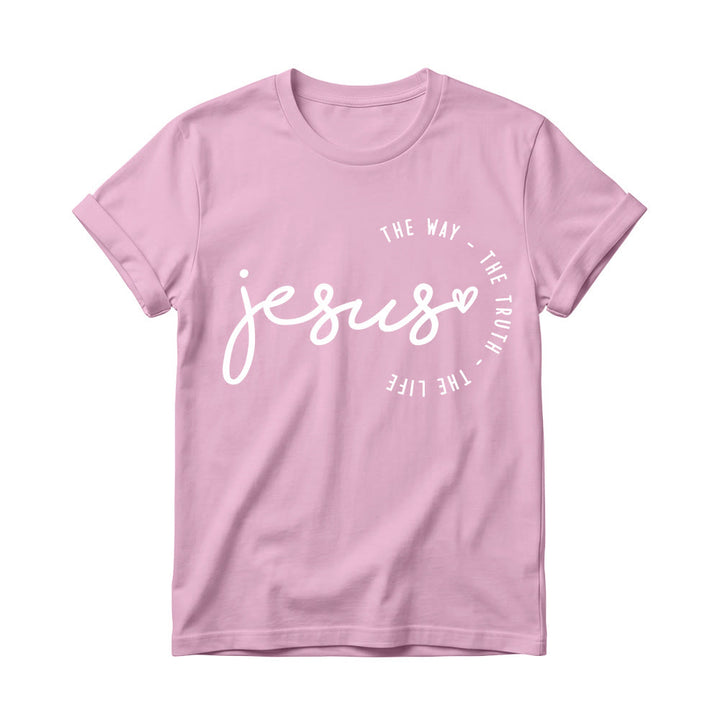 Christianartworkshop T-shirt à col rond pour femme avec inscription manuscrite « Jésus », accent en forme de cœur et arc incurvé : « Le Chemin, la Vérité, la Vie ». - Rose - 4XL - image 2
