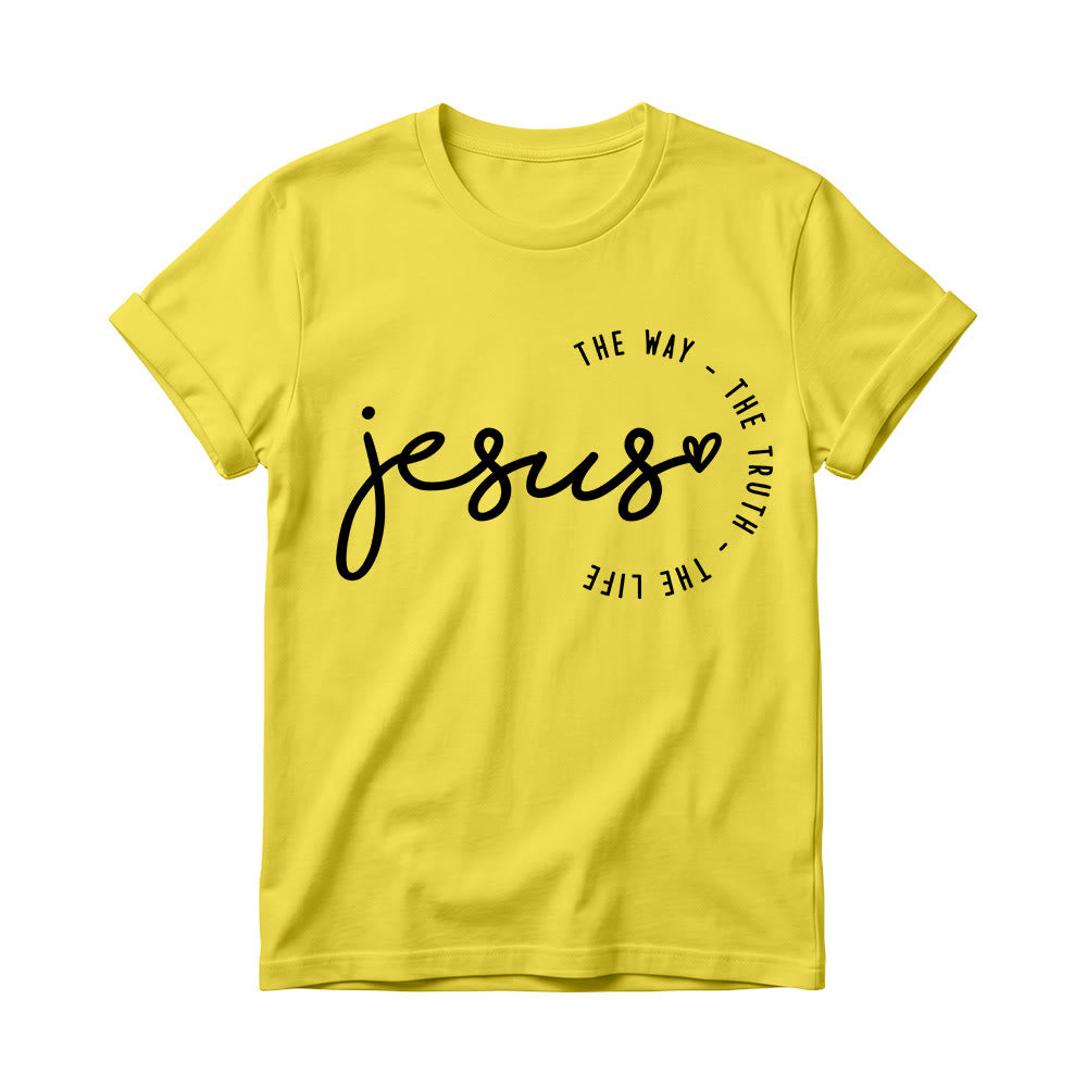 Christianartworkshop T-shirt à col rond pour femme avec inscription manuscrite « Jésus », accent en forme de cœur et arc incurvé : « Le Chemin, la Vérité, la Vie ». - Jaune - 4XL - image 6