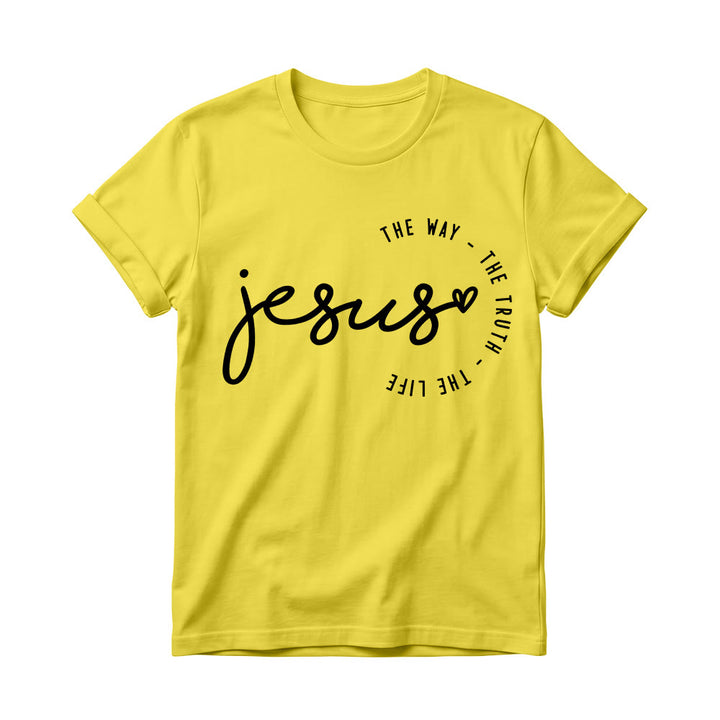 Christianartworkshop T-shirt à col rond pour femme avec inscription manuscrite « Jésus », accent en forme de cœur et arc incurvé : « Le Chemin, la Vérité, la Vie ». - Jaune - 4XL - image 6