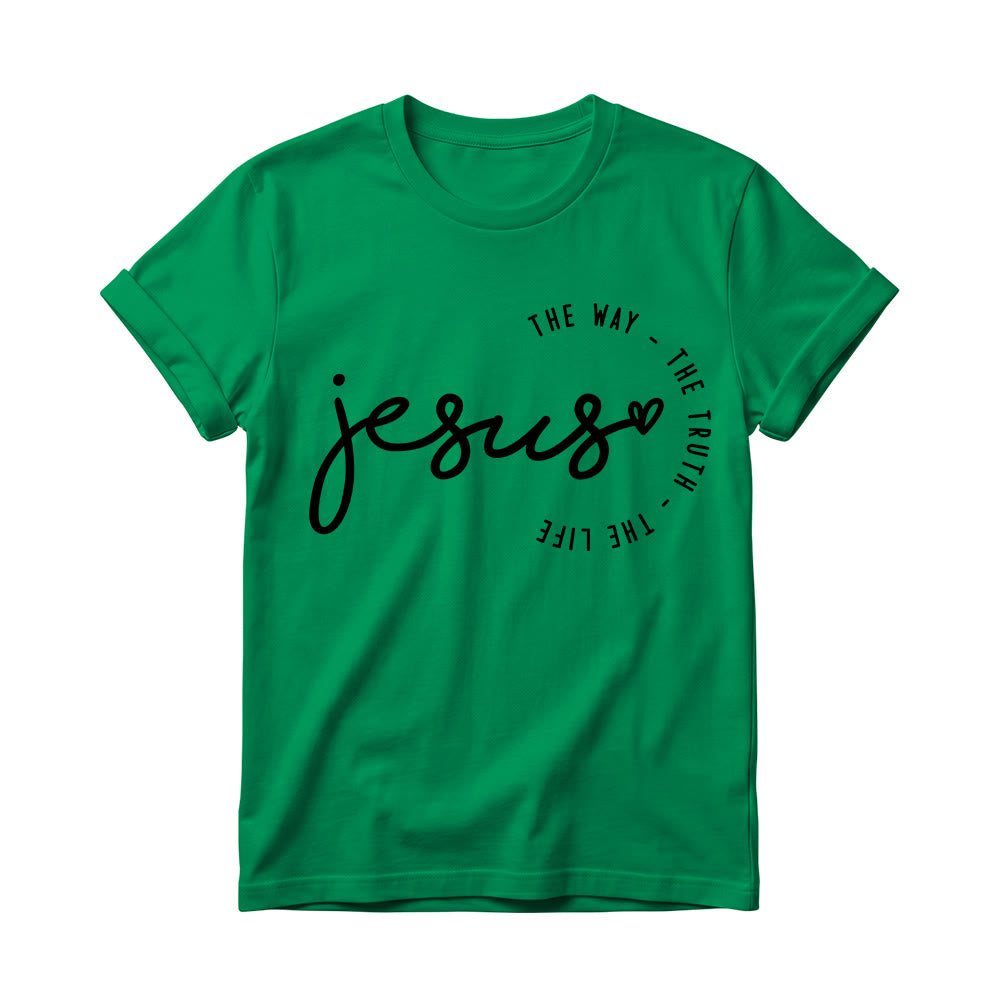 Christianartworkshop T-shirt à col rond pour femme avec inscription manuscrite « Jésus », accent en forme de cœur et arc incurvé : « Le Chemin, la Vérité, la Vie ». - Vert - 4XL - image 16