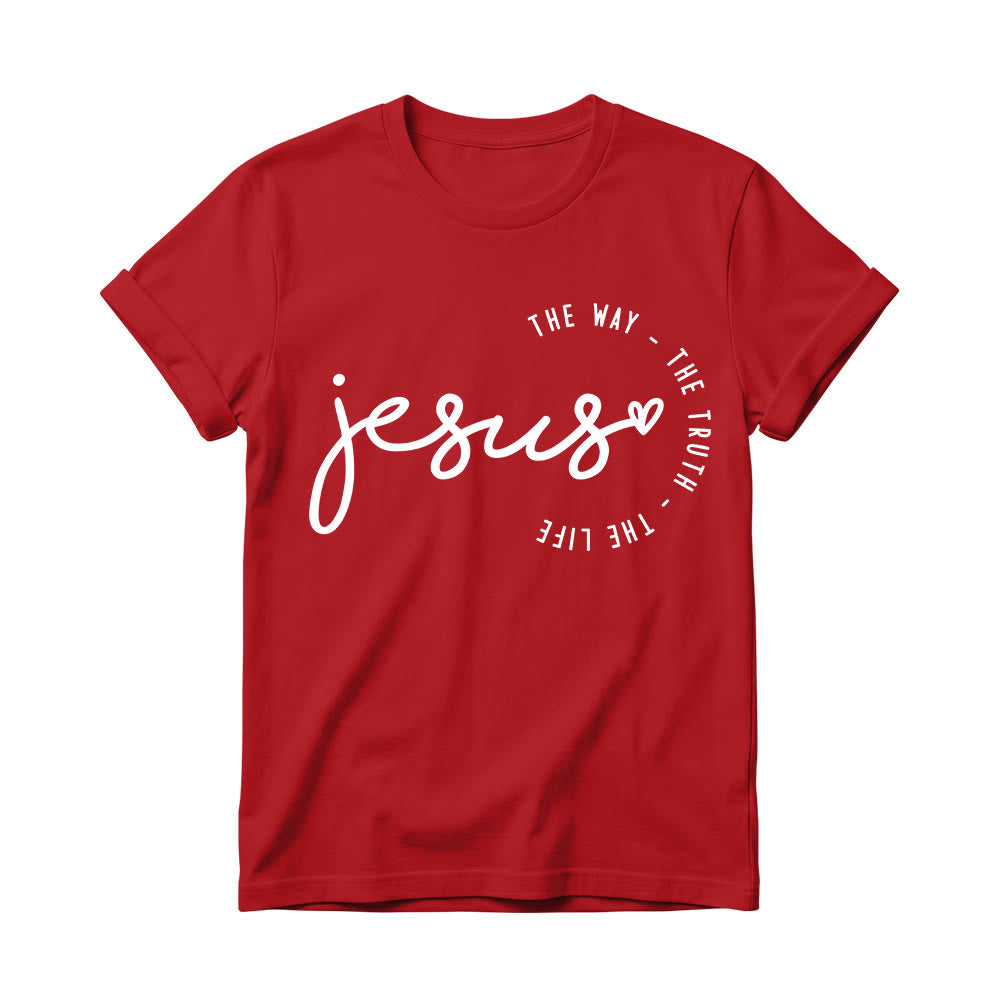 Christianartworkshop T-shirt à col rond pour femme avec inscription manuscrite « Jésus », accent en forme de cœur et arc incurvé : « Le Chemin, la Vérité, la Vie ». - Rouge - 4XL - image 14