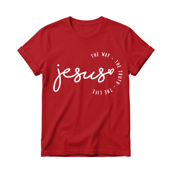 Christianartworkshop T-shirt à col rond pour femme avec inscription manuscrite « Jésus », accent en forme de cœur et arc incurvé : « Le Chemin, la Vérité, la Vie ». - Rouge - 4XL - image 14