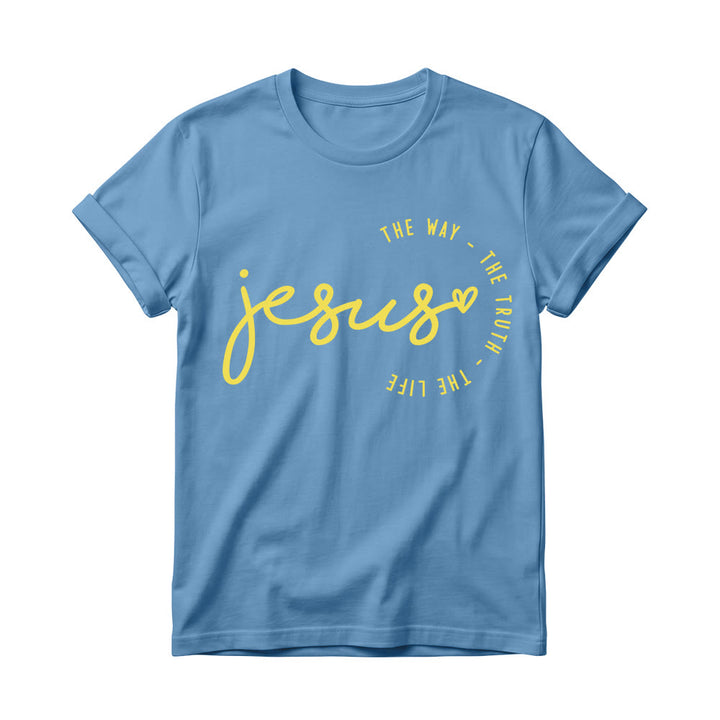 Christianartworkshop T-shirt à col rond pour femme avec inscription manuscrite « Jésus », accent en forme de cœur et arc incurvé : « Le Chemin, la Vérité, la Vie ». - Bleu - 4XL - image 10