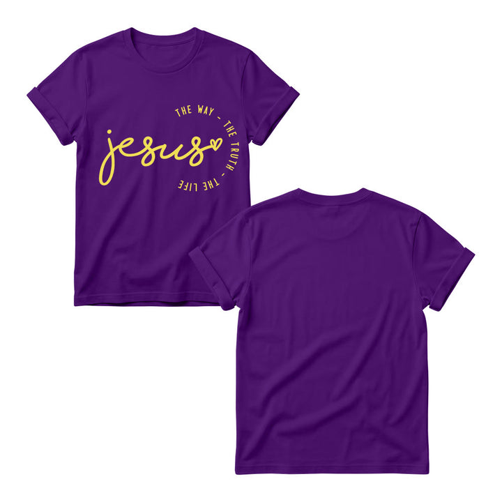 Christianartworkshop T-shirt à col rond pour femme avec inscription manuscrite « Jésus », accent en forme de cœur et arc incurvé : « Le Chemin, la Vérité, la Vie ». - image 13
