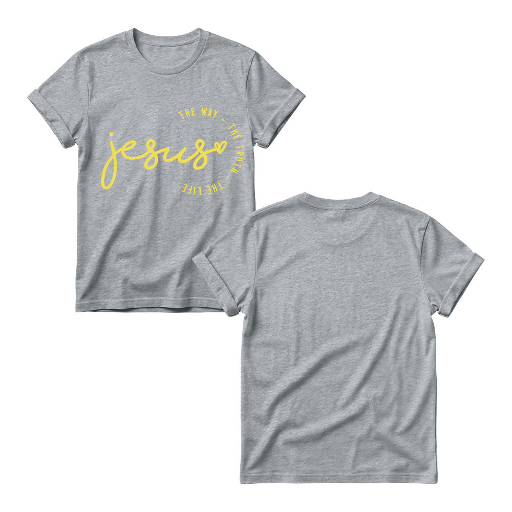 Christianartworkshop T-shirt à col rond pour femme avec inscription manuscrite « Jésus », accent en forme de cœur et arc incurvé : « Le Chemin, la Vérité, la Vie ». - image 9