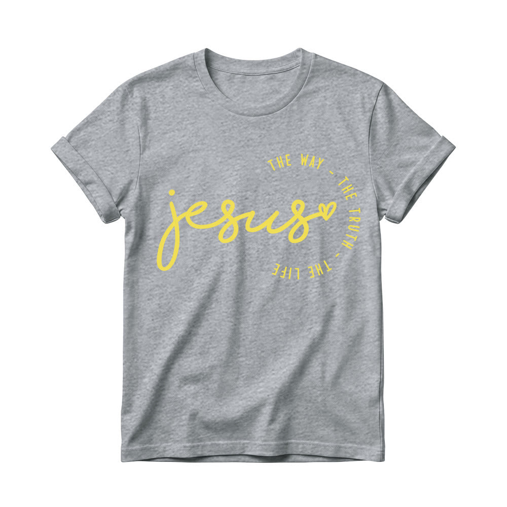 Christianartworkshop T-shirt à col rond pour femme avec inscription manuscrite « Jésus », accent en forme de cœur et arc incurvé : « Le Chemin, la Vérité, la Vie ». - Gris - 4XL - image 8