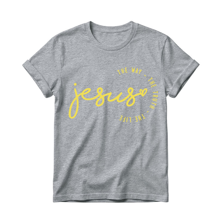 Christianartworkshop T-shirt à col rond pour femme avec inscription manuscrite « Jésus », accent en forme de cœur et arc incurvé : « Le Chemin, la Vérité, la Vie ». - Gris - 4XL - image 8