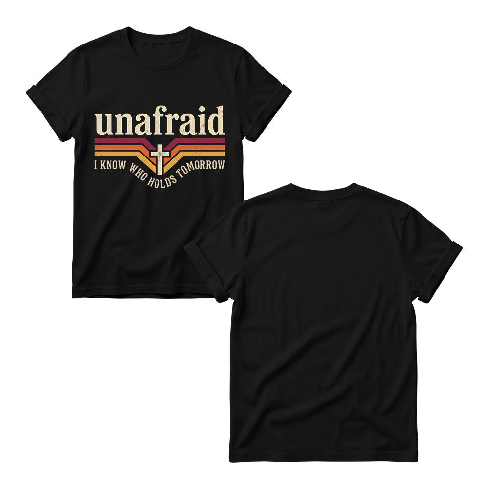Christianartworkshop T-shirt à col rond pour femme, rayé rétro, avec slogan « Unafraid » et ourlet arrondi. - image 3