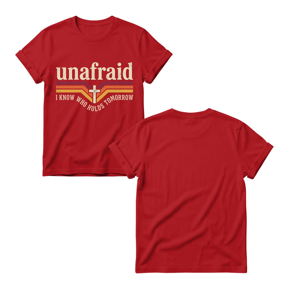 Christianartworkshop T-shirt à col rond pour femme, rayé rétro, avec slogan « Unafraid » et ourlet arrondi. - image 15