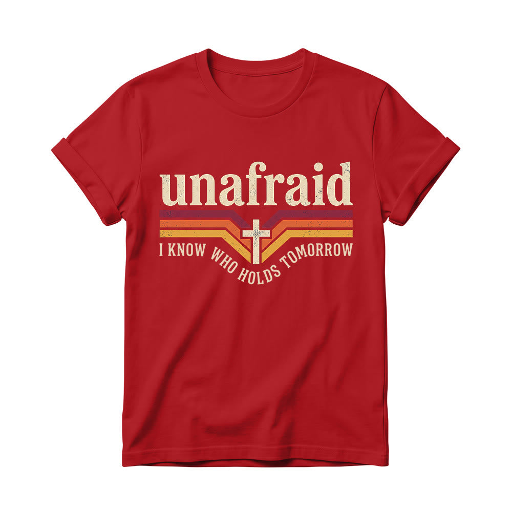Christianartworkshop T-shirt à col rond pour femme, rayé rétro, avec slogan « Unafraid » et ourlet arrondi. - Rouge - 4XL - image 14