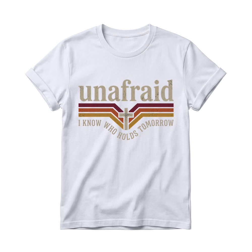 Christianartworkshop T-shirt à col rond pour femme, rayé rétro, avec slogan « Unafraid » et ourlet arrondi. - Blanc - 4XL - image 6