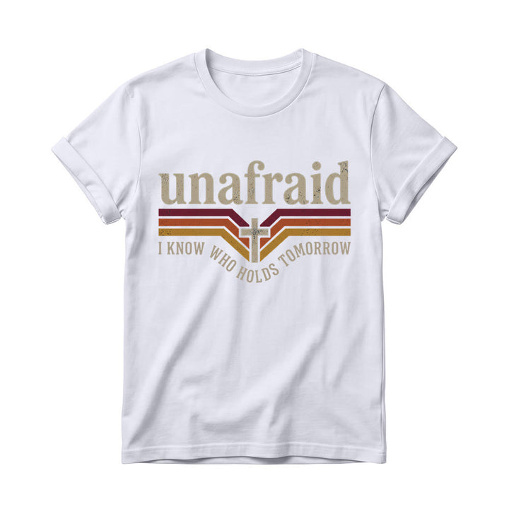 Christianartworkshop T-shirt à col rond pour femme, rayé rétro, avec slogan « Unafraid » et ourlet arrondi. - Blanc - 4XL - image 6