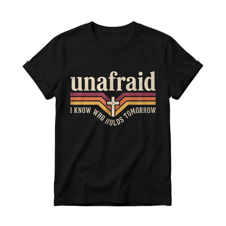 Christianartworkshop T-shirt à col rond pour femme, rayé rétro, avec slogan « Unafraid » et ourlet arrondi. - Noir - 4XL - image 2