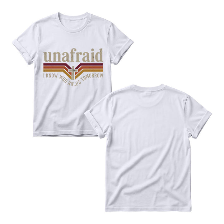 Christianartworkshop T-shirt à col rond pour femme, rayé rétro, avec slogan « Unafraid » et ourlet arrondi. - image 7