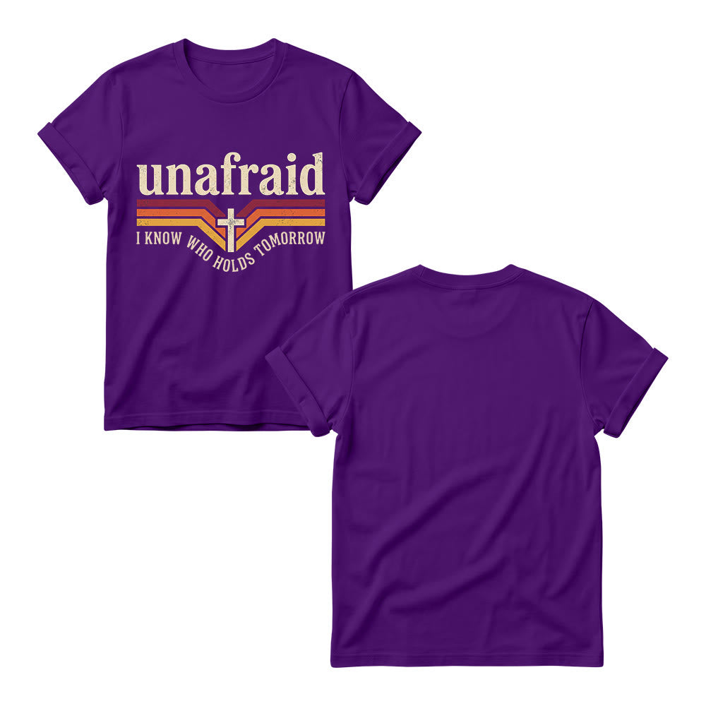 Christianartworkshop T-shirt à col rond pour femme, rayé rétro, avec slogan « Unafraid » et ourlet arrondi. - image 13