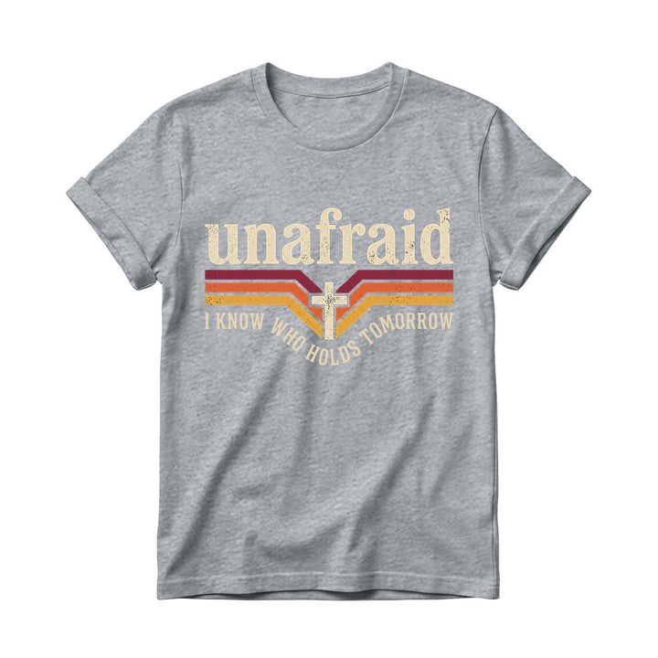 Christianartworkshop T-shirt à col rond pour femme, rayé rétro, avec slogan « Unafraid » et ourlet arrondi. - Gris - 4XL - image 10
