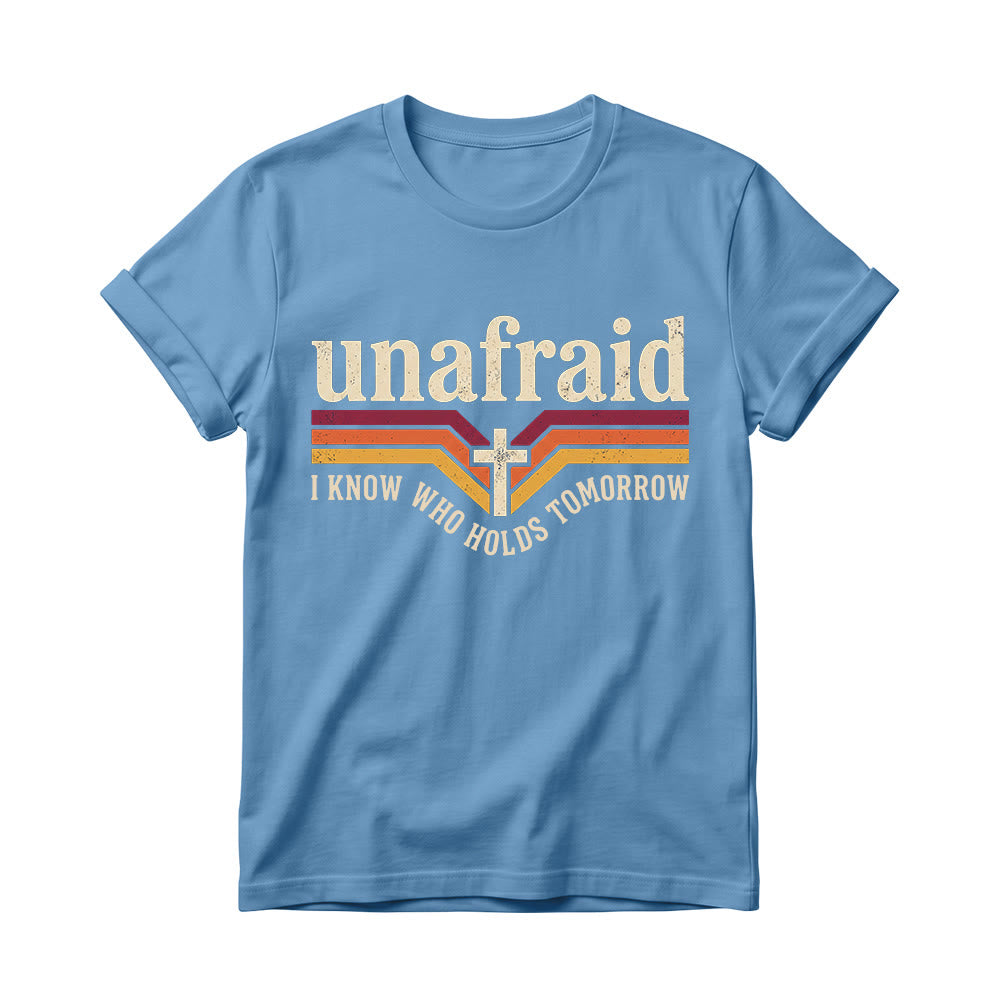 Christianartworkshop T-shirt à col rond pour femme, rayé rétro, avec slogan « Unafraid » et ourlet arrondi. - Bleu - 4XL - image 0