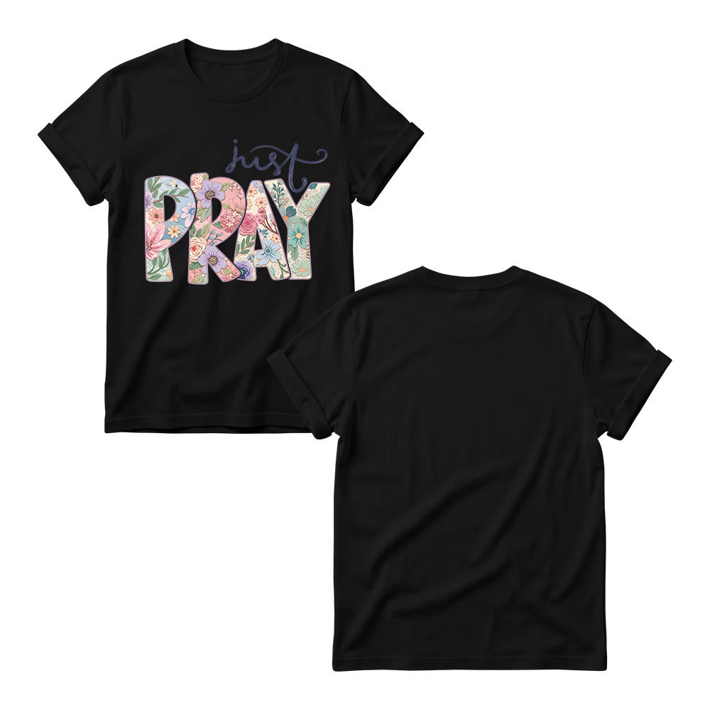 Christianartworkshop T-shirt à col rond pour femme avec motif floral et inscription « Pray » en cursive - image 1