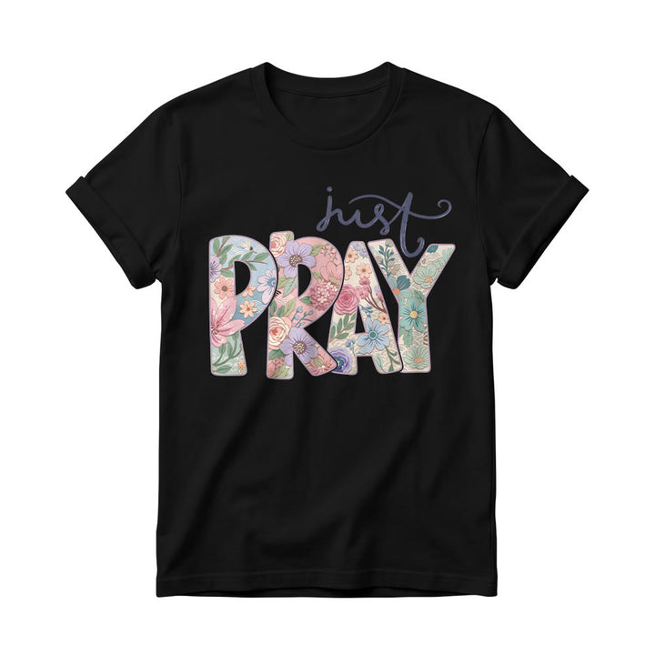 Christianartworkshop T-shirt à col rond pour femme avec motif floral et inscription « Pray » en cursive - Noir - 4XL - image 0