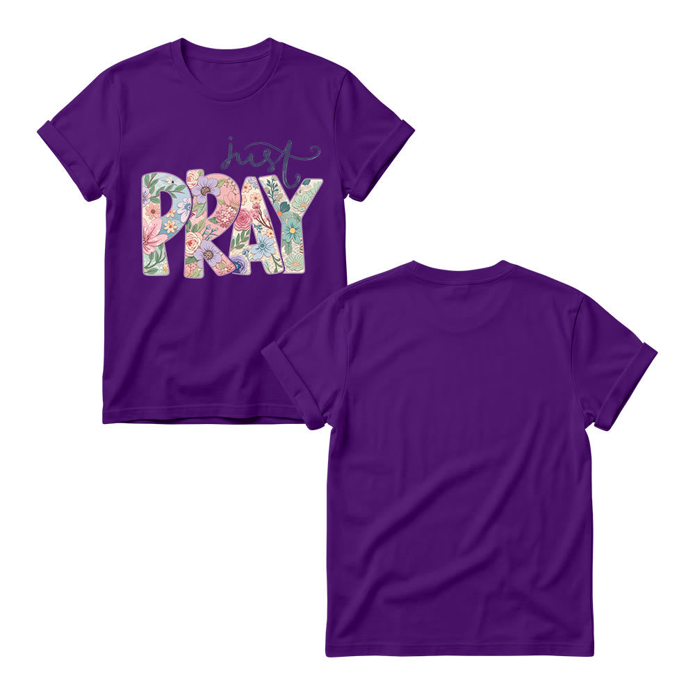 Christianartworkshop T-shirt à col rond pour femme avec motif floral et inscription « Pray » en cursive - image 13